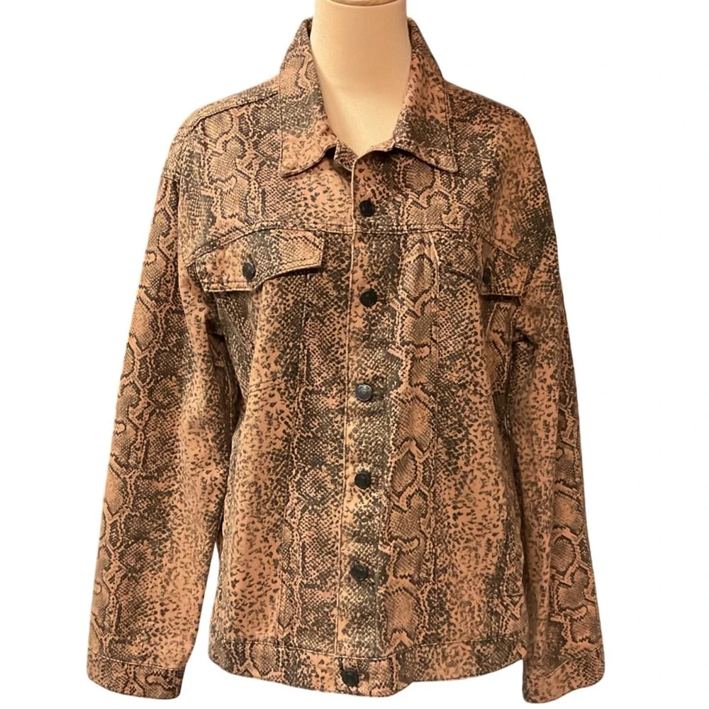Free People Women's Snake Printed Collared Skin Trucker Jean Jacket Size Large - Picture 2 of 14